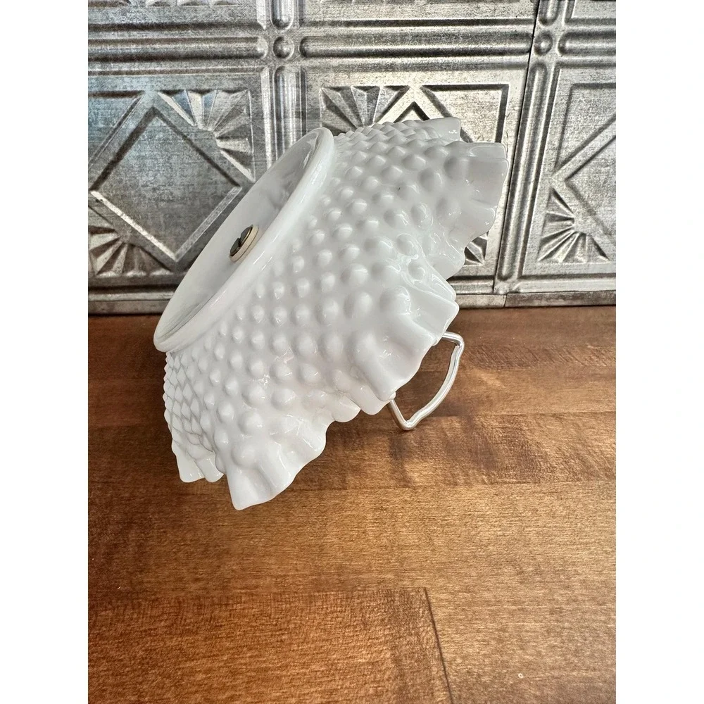 Vintage Fenton white milk glass ruffled edge hobnail silver handled candy dish